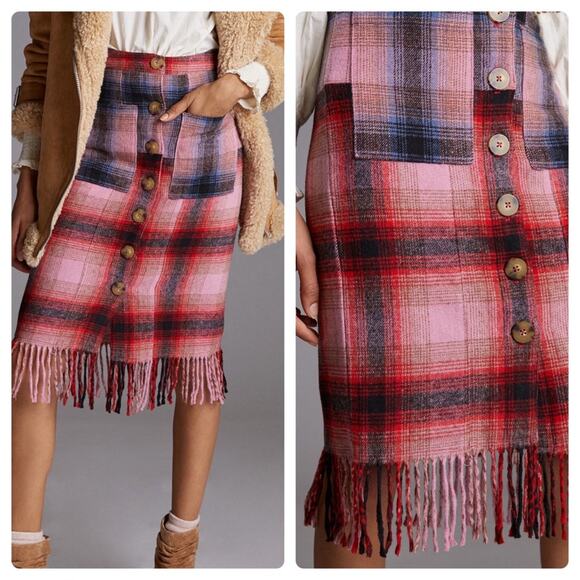 Maeve Fringed Plaid Skirt Pink Combo - Picture 1 of 16